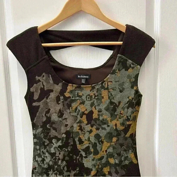 Le Chateau Midi Dress Sleeveless Stretch  Knit Brown Green Print Size XS - Picture 5 of 16